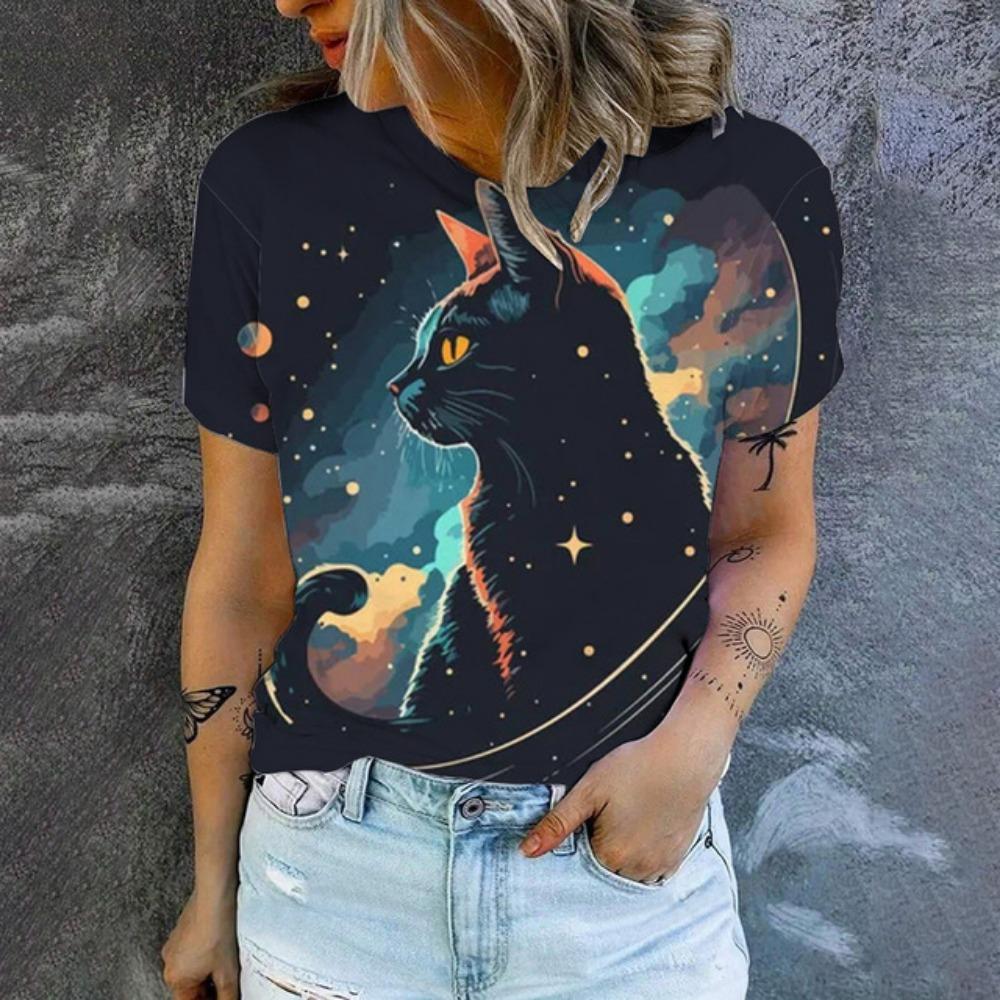 Summer Leisure T-shirt Women's T-shirt Cartoon Cat Pattern Print Fashion Print T-shirt Elegant Women's Short Sleeved T-shirt