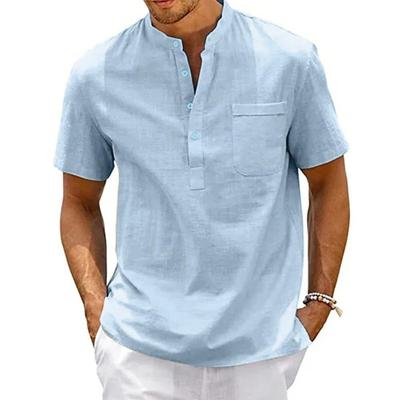 Men's Summer Shirt Cotton-Linen Stand Collar Short Sleeve Pullover
