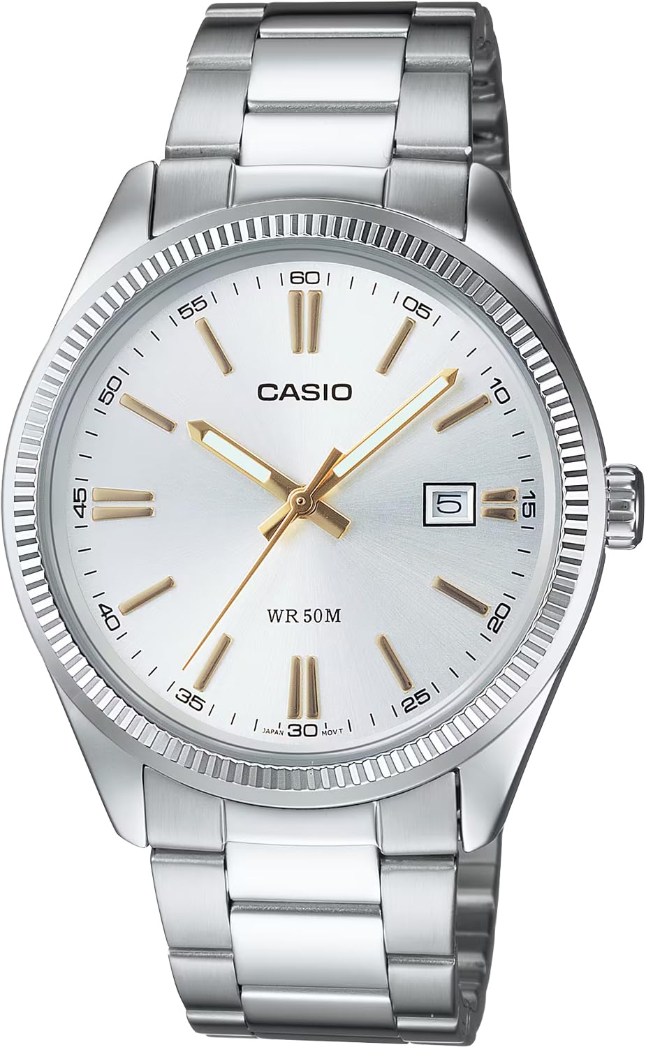 Casio Analog Quartz Men s Wristwatch MTP-1302D-7A2V Metal Band Silver Sunray Dial Gold Index