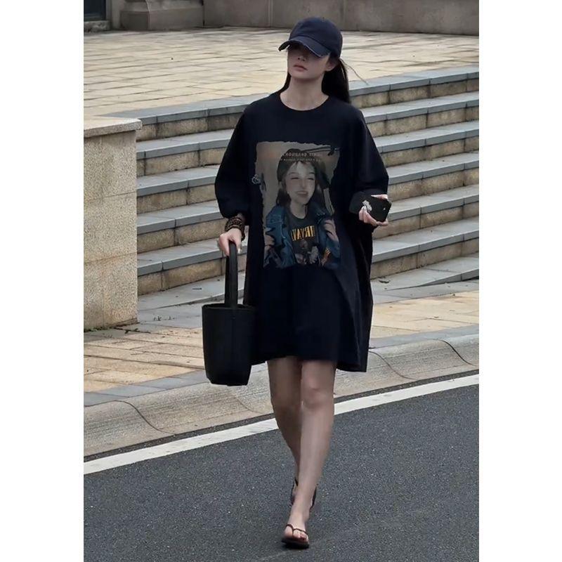 Fashion Trend Versatile Slim-fit Printed Crew Neck Long Short Sleeve European Foreign Style Age Reducing Top T-Shirt Summer 2025