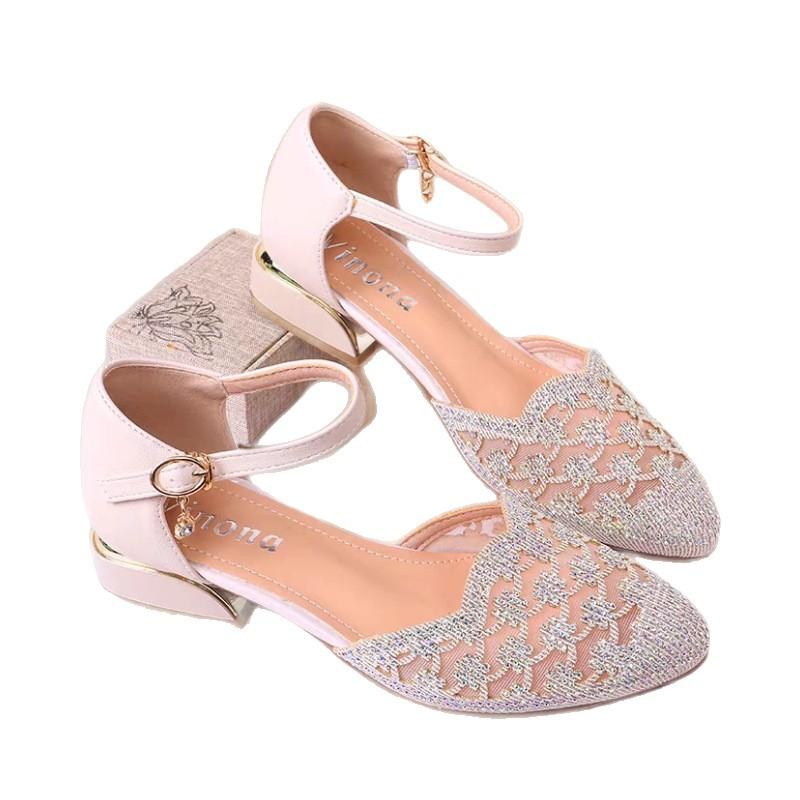 Sandals Summer New Bag Head Middle Heel Shoes Women's Rhinestone Mesh Women's Shoes Hollow Single Shoes Sandals