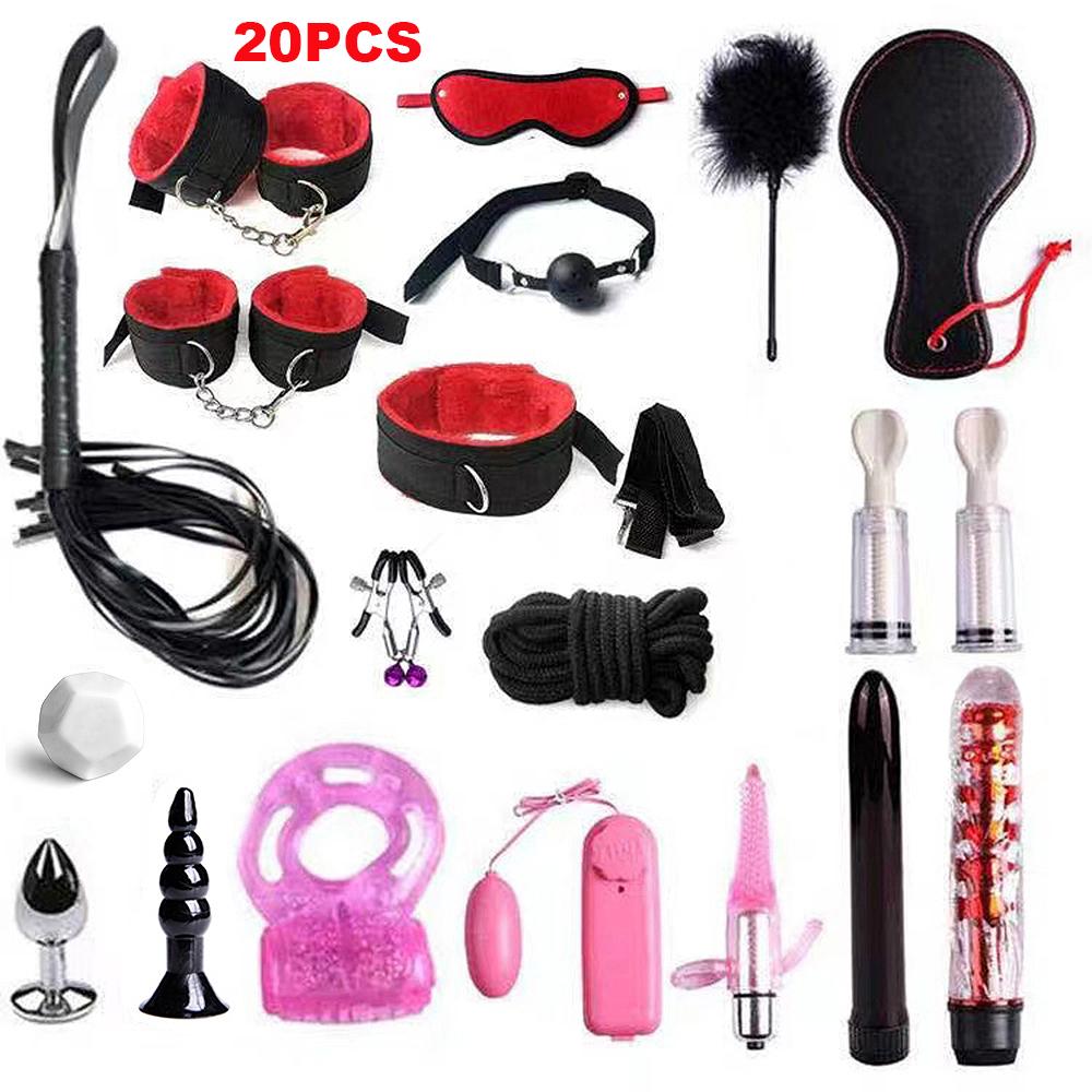 Fetish BDSM Kit Set Sex Toy Handcuffs for Woman Adult Supplies Handcuffs Whip Anal Plug Vibrator Bondage Rope Sexual Sexy Game