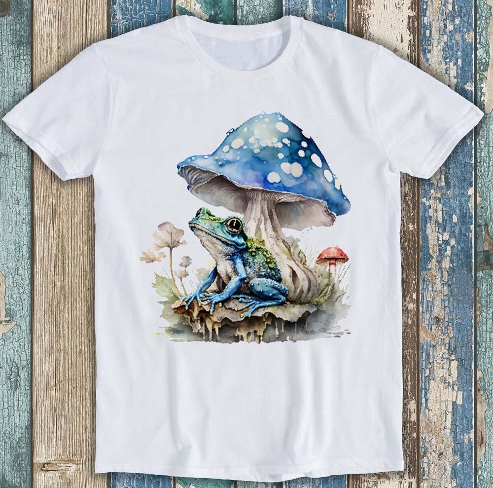 Mushroom and Blue Frog Toad  Watercolor Funny Gift Tee T Shirt 1849
