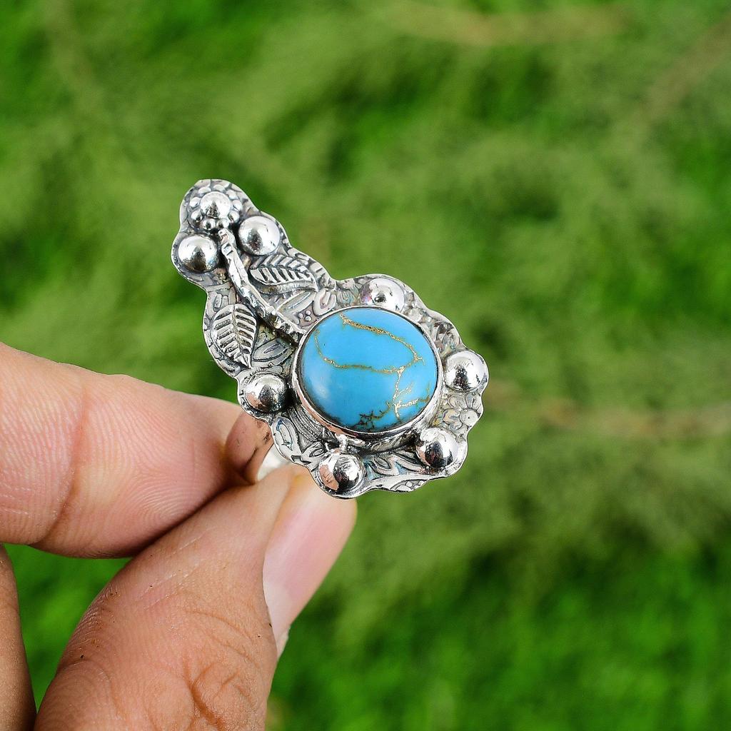 Natural Copper Arizona Turquoise Sterling Silver Stackable Artisan Flower Ring