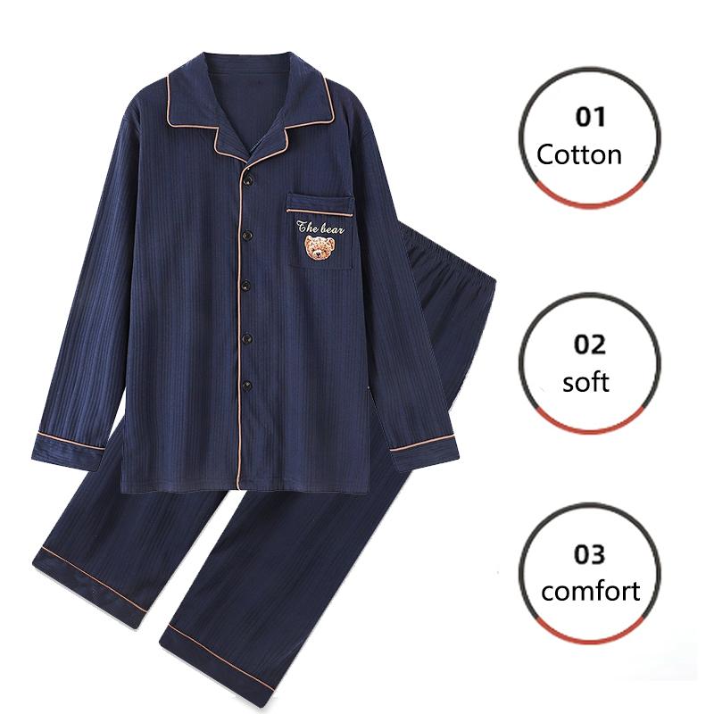 Cotton Men Pyjamas High-Grade and High-Quality 2PCS/Set Long-Sleeved Cardigan Homewear Black Striped Plaidsleepwear