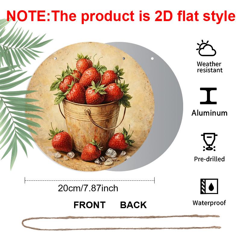 2D Flat Aluminum 7.87 Inch X 7.87 Inch Vintage Fresh Strawberry Pattern Wall Hanging, Country Style, Suitable for Dining Rooms, Gardens, Farmhouses