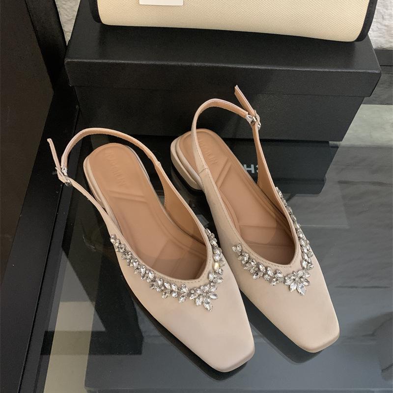 French Temperament Nude Square Head Rhinestone Rear Empty Single Shoes Women's Summer New Satin Versatile Bag Head Sandals