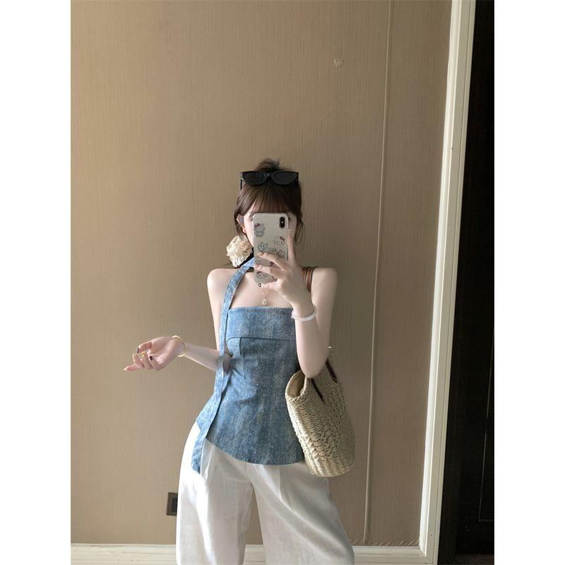 Kumikumi Retro Distressed Washed Hot Drilling Denim Tube Top Women clothes Summer Sexy Waist Hugging Slimming Versatile Vest