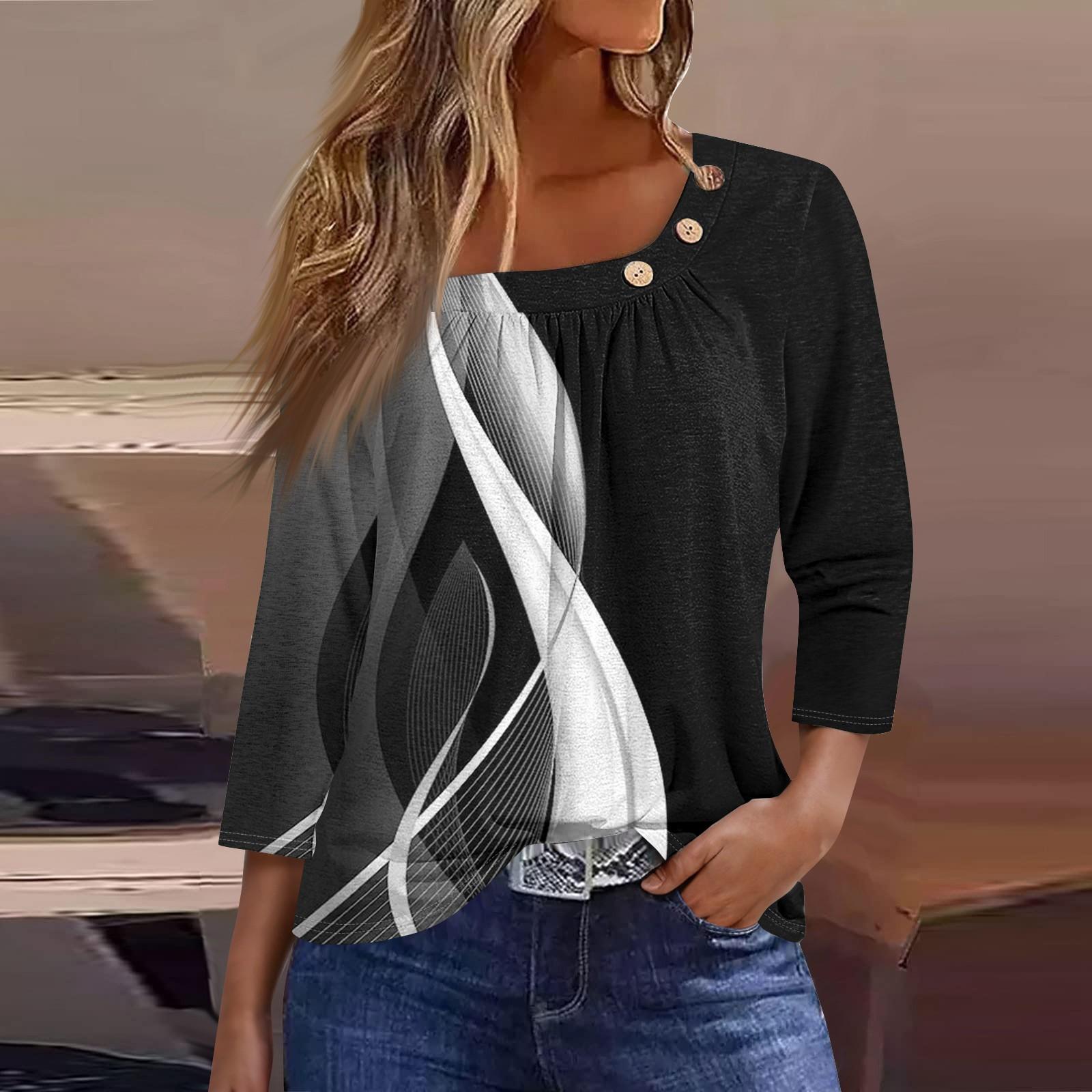 

Жен. Футболка Футболка С принтом Пуговицы Рукав 3/4 Повседневные Выходные Мода Классический Классический Верх XXL чёрный