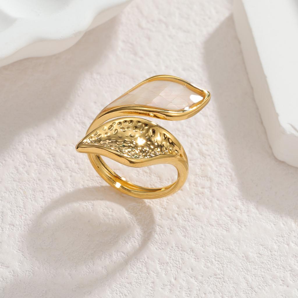 Stainless Steel Vintage Irregular Geometric Rings for Women Statement Retro Inlaid Shell Adjustable Open Ring Daily Jewelry Gift