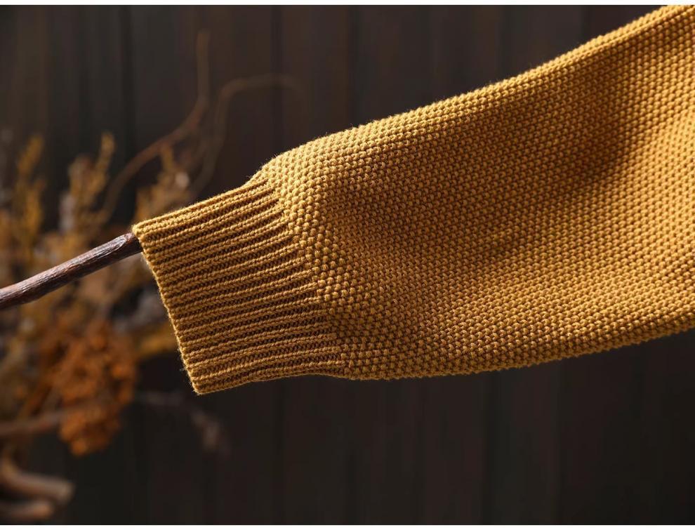Women's Yellow Cotton Cardigan with Pockets - 2026 Spring Collection, Artistic & Lazy Style Knitwear