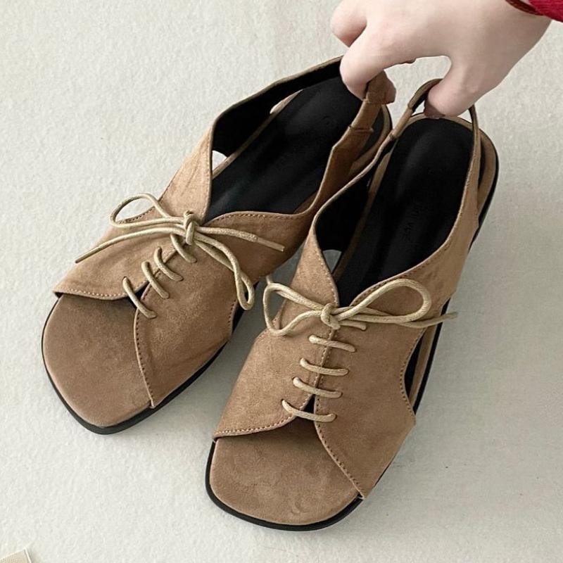 Fashion Fashion Square Toe Lace Up Flat Sandals Women High Quality Faux Suede Brand Designer Shoes Comfortable Soft Sole Sandalias Mujer