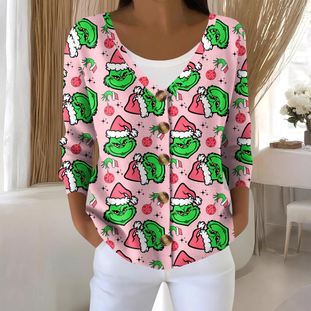 Women's Fashion Long Sleeve Christmas Snowman Snowflake Print Jacket Cardigan