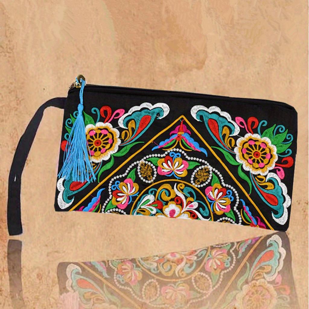 Ethnic Embroidered Long Wallet With Tassel Polyester Fabric Retro Style