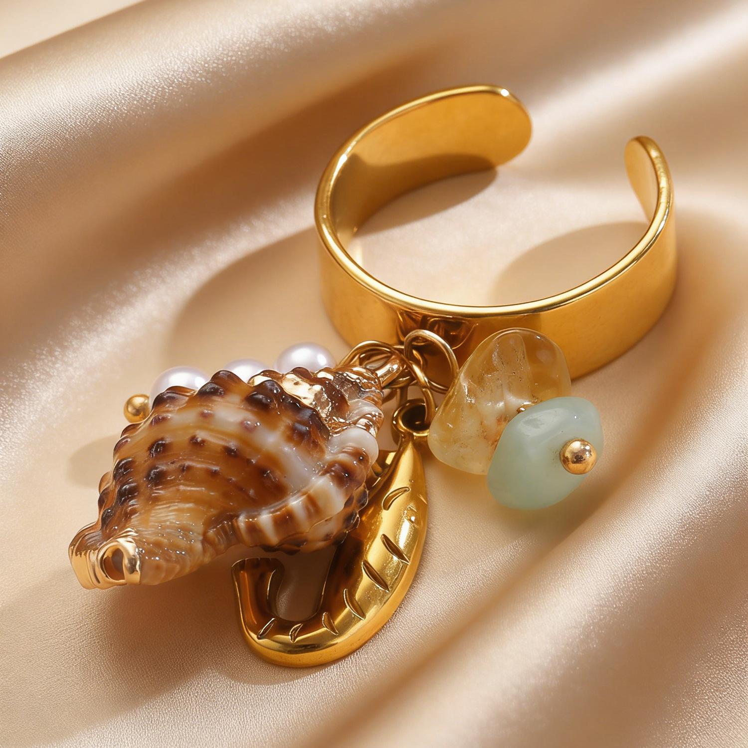 

Vintage Shell Rings for Women Stainless Steel Ring Female Aesthetic Wedding Fashion Zircon Gift resizable золотой