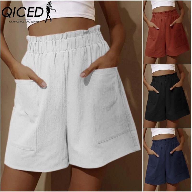 QICED Women's Cotton and Linen Flower Bud High-waisted Shorts, Fashionable Large-sized Wide-leg Casual Short Style