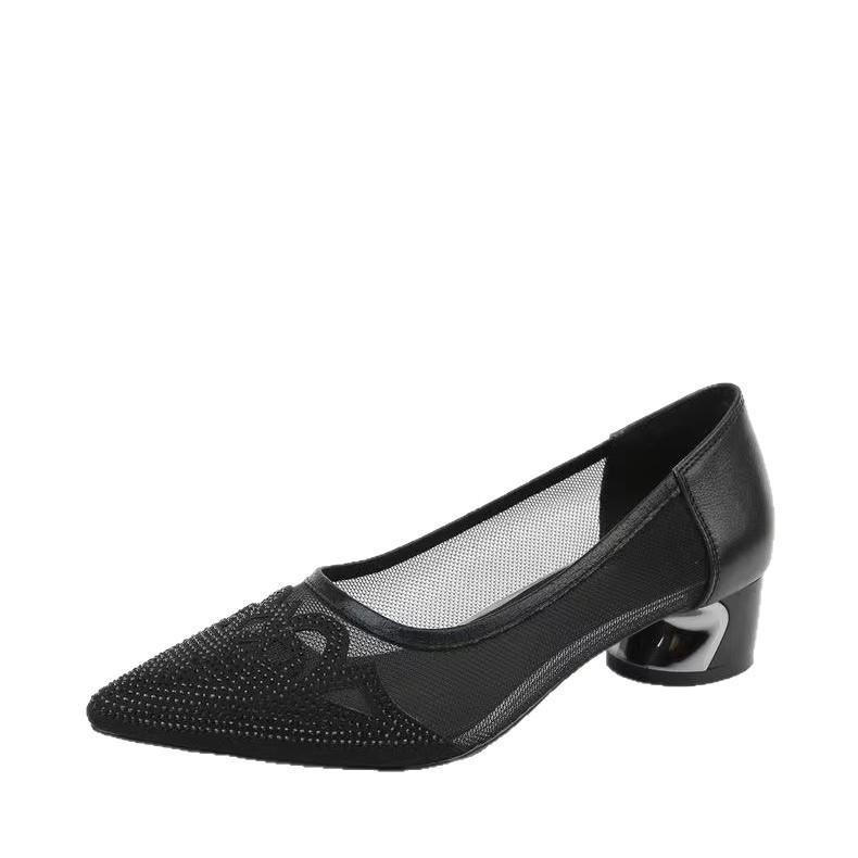 Mesh sandals thick heel hollow women's shoes summer new middle heel mesh single shoes women's rhinestone breathable shallow mouth shoes