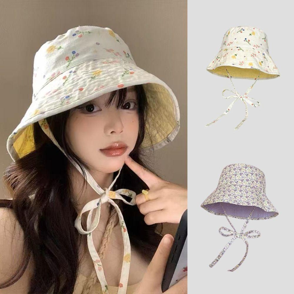 Floral Print Panama Bucket Hats Double Sided Summer Sun Hats Women Fisherman Hat  Basin Caps