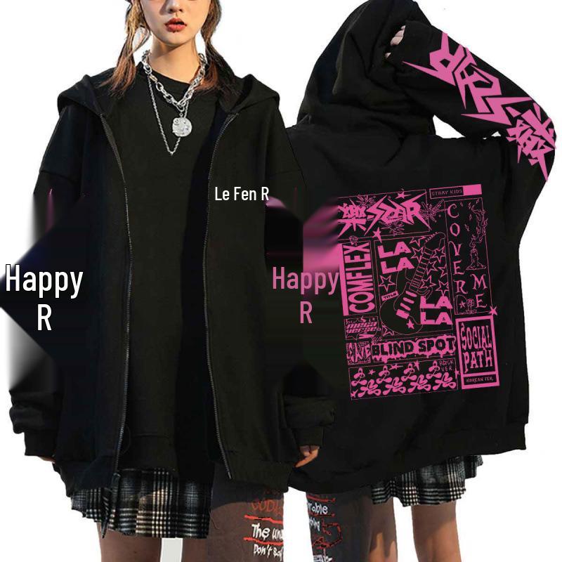 Stray Kids K-Pop Star Harajuku Print Loose Zipper Hoodie