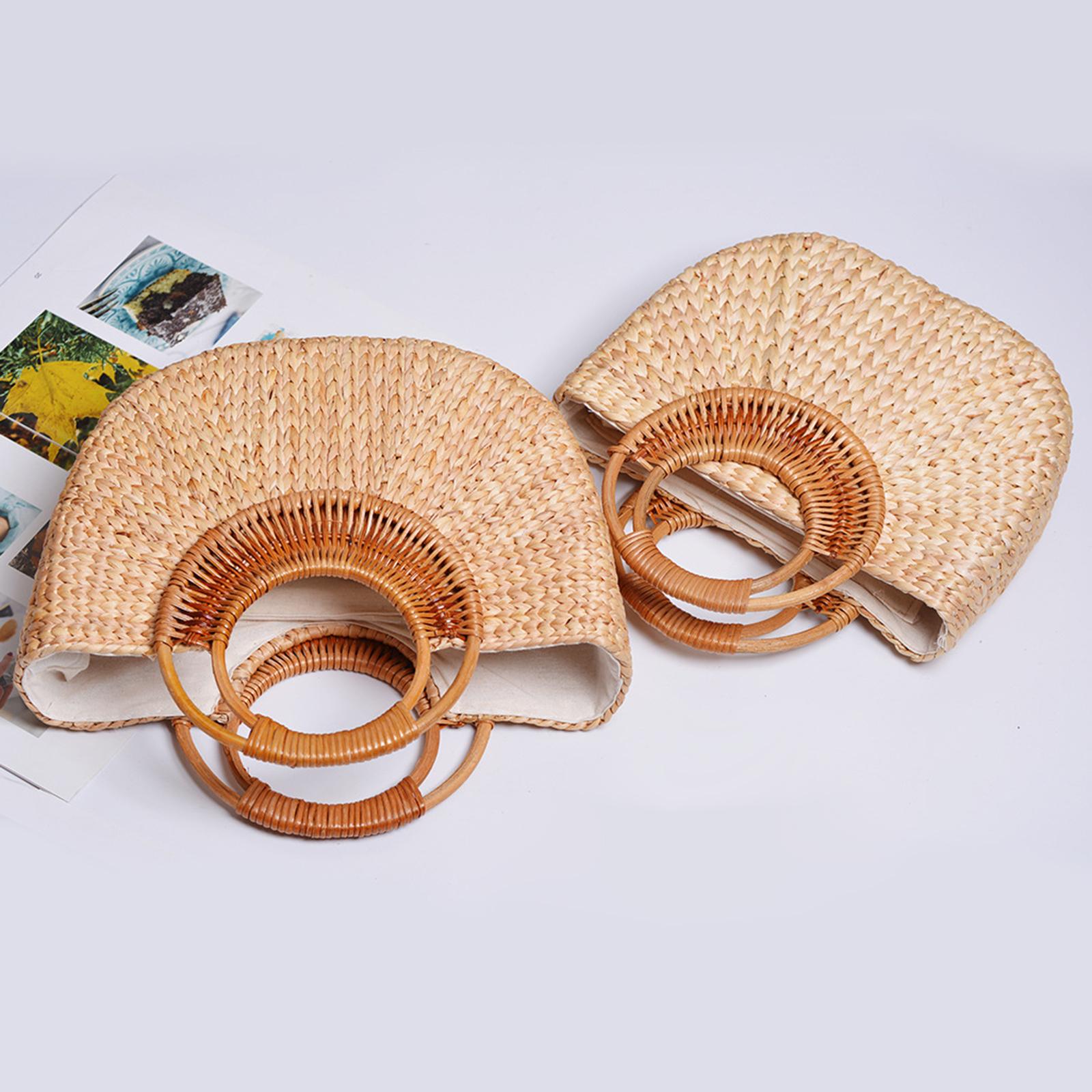 

Handmade Straw Tote Bag Round Top Handle Rattan Bag for Hiking Dating Summer L