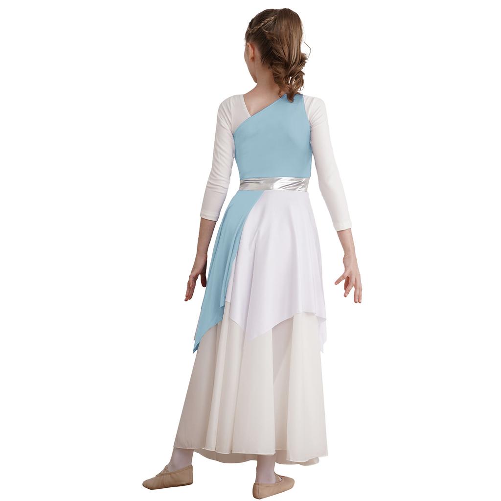 Girls Sleeveless Single Shoulder Praise Asymmetrical Tunic Contrast Color Dance Dresses Performance Gown