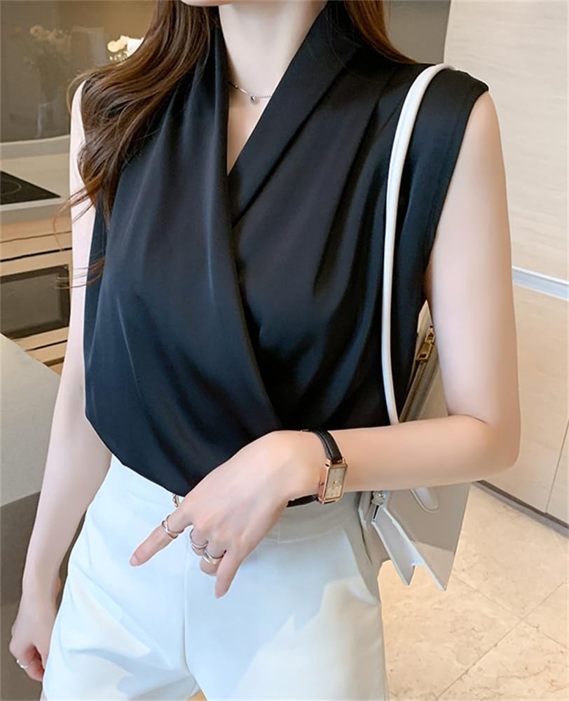 Sleeveless Office [Kayiyasu] Women's Blouse, Shirt, V-Neck, Slimming, Thin, Shiny, Lady, Commuting, Casual, Spring, Summer, Autumn, S-2XL (M, Black)