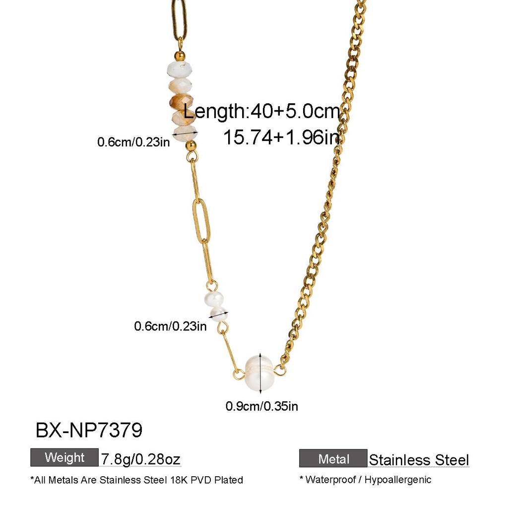 European-American Fashion Natural Stone & Freshwater Pearl Gold-Plated Stainless Steel Necklace