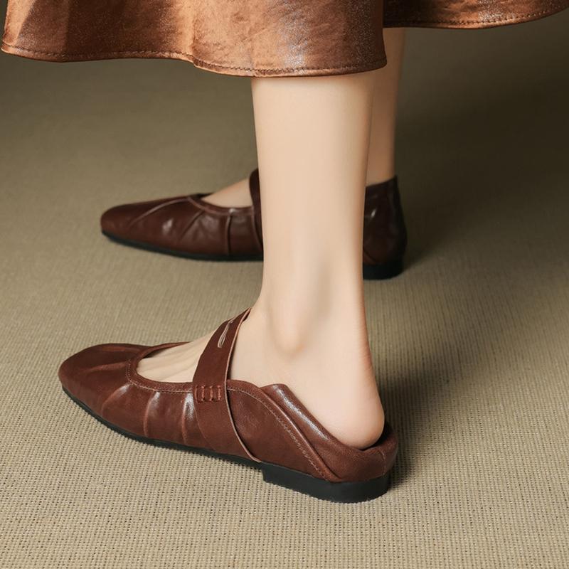 Fashion NEW Autumn/Spring Women Pumps Genuine Leather Shoes for Women Square Toe Low Heel Shoes Pleated Shallow Daily Shoes Mary Janes