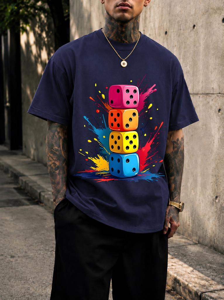 2026 New Pure Cotton Tshirt With Colorful Stacked Dice Ink Splash Graffiti Print Crew Neck Short Sleeve Casual Top