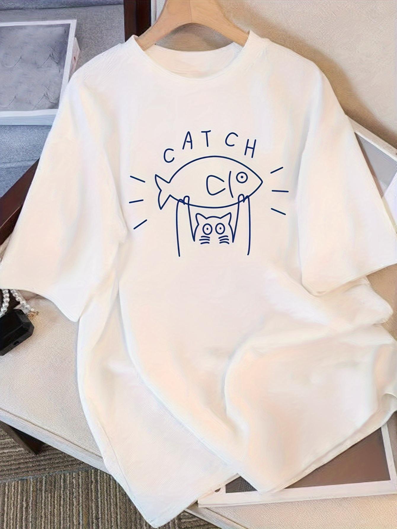 

Fun Cat Catching Big Fish Pattern Tshirt for Women Summer Casual Shortsleeved Roundneck Top Light and Cute Graffiti Style S