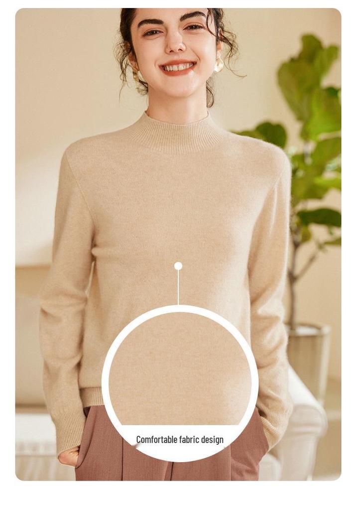 Women's Pure Cashmere Seamless Knit Sweater, Autumn/Winter Half-High Neck, Long Sleeve Base Layer