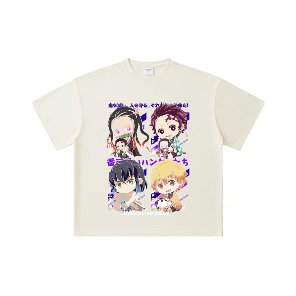Camiseta Unissex de Algodão Pesado 260 GSM Fio Duplo 32 Contagem 100% Algodão Demon Slayer V80 Hashiras Estampa Chibi