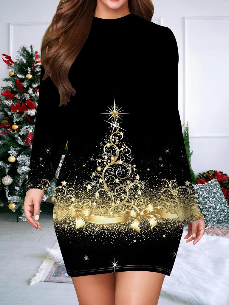 2025 Autumn and Winter New Women's Hip-wrapped Dress,3D Snowflake Printing and Dyeing Women's Fashion Long-sleeved Round Neck Sexy Hip-wrapped Dress