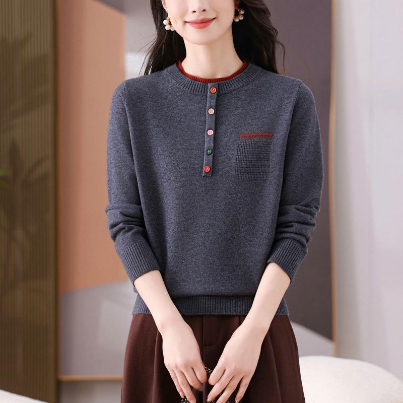 Жіночий в'язаний светр з круглим вирізом, дизайн color block, осінь-зима, новий, елегантний, модний, з довгим рукавом, універсальний топ-пуловер