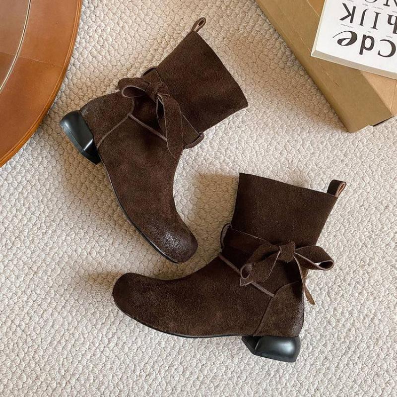 Autumn and Winter Women's Fashion Boots Solid Color Low Heel Large Size Women's Boots Cow Velvet Beef Tendon Sole New Versatile Low Boots Women