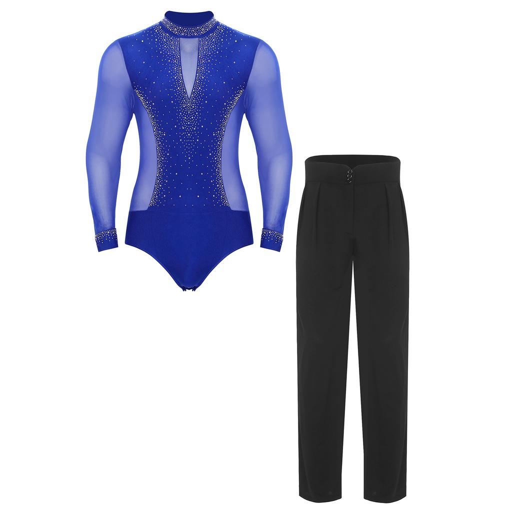 Mens Latin Dance Costume Mock Neck Long Sleeve Shiny Rhinestones Mesh Leotard Bodysuit High Waist Pants Chacha Set