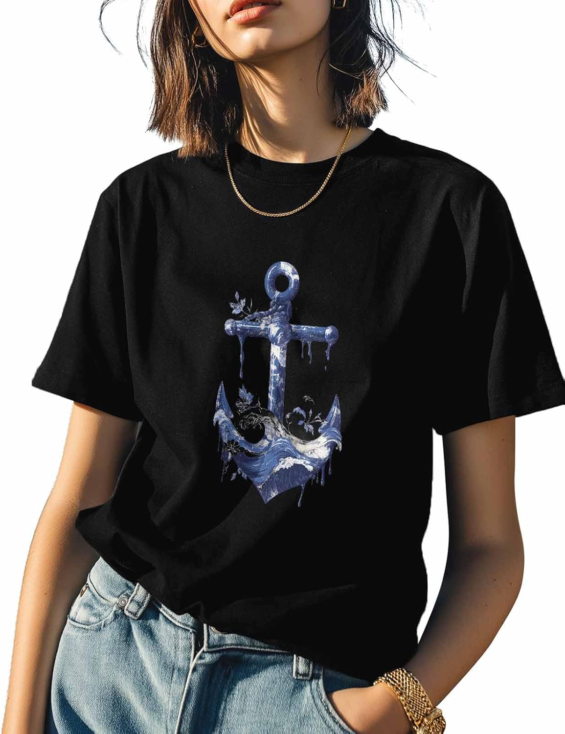 

T Shirts for Women Graphic Tees Nautical Anchor Crew Neck Short Sleeve Shirts for Women Blue Wave Casual T-Shirt 5XL різнокольоровий