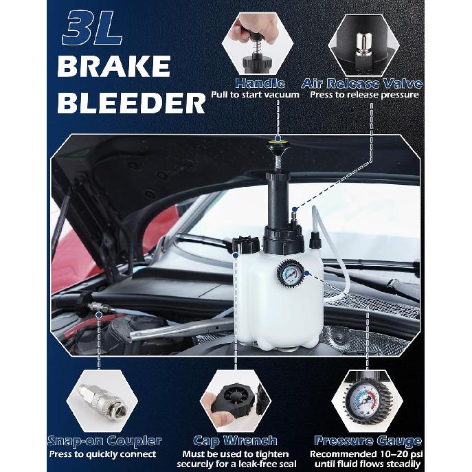 3L Brake Fluid Bleeder Kit w/ 1L Catch Bottle, Pressure Brake Bleeding Tool, Manual Power Bleeder Pump for Flush Brakes and Clutch System, Upgraded