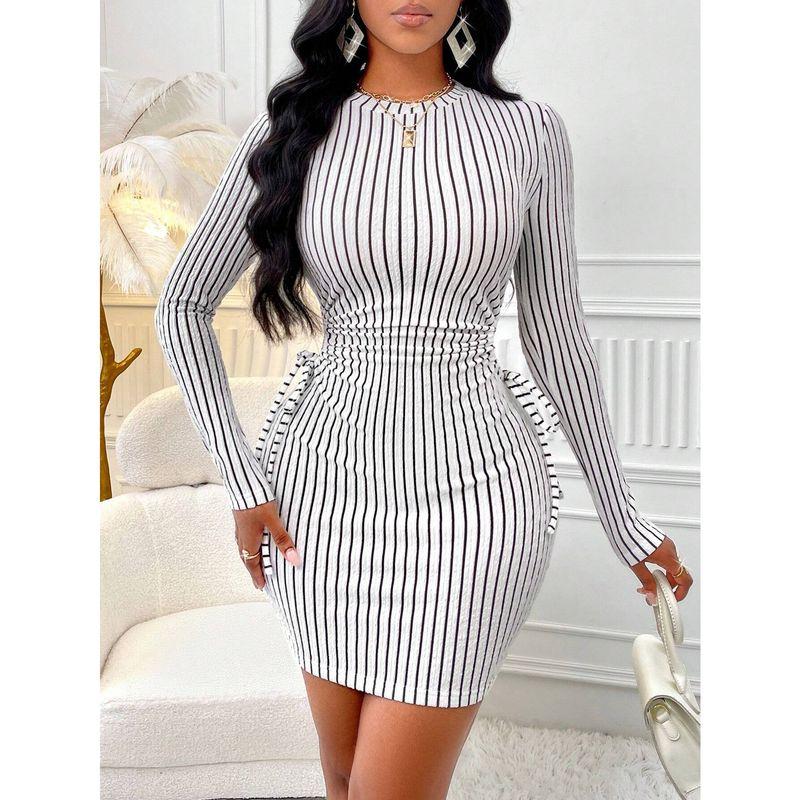 

Fashion Style Spring, Autumn and Winter Fashion Elegant Slim-Fit One-Step Skirt Easiest for Match Slim Looking Commute Style Long Sleeves Dress Purple White S