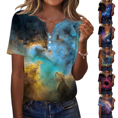 T-shirt Femme Imprimé Bouton Manches Courtes Quotidien Week-end Mode Basique Col V Coupe Régulière