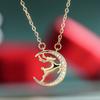 Crescent Moon with Jumping Reindeer Partial Paved Stone Pendant Women Cable Chain Clavicle Necklace