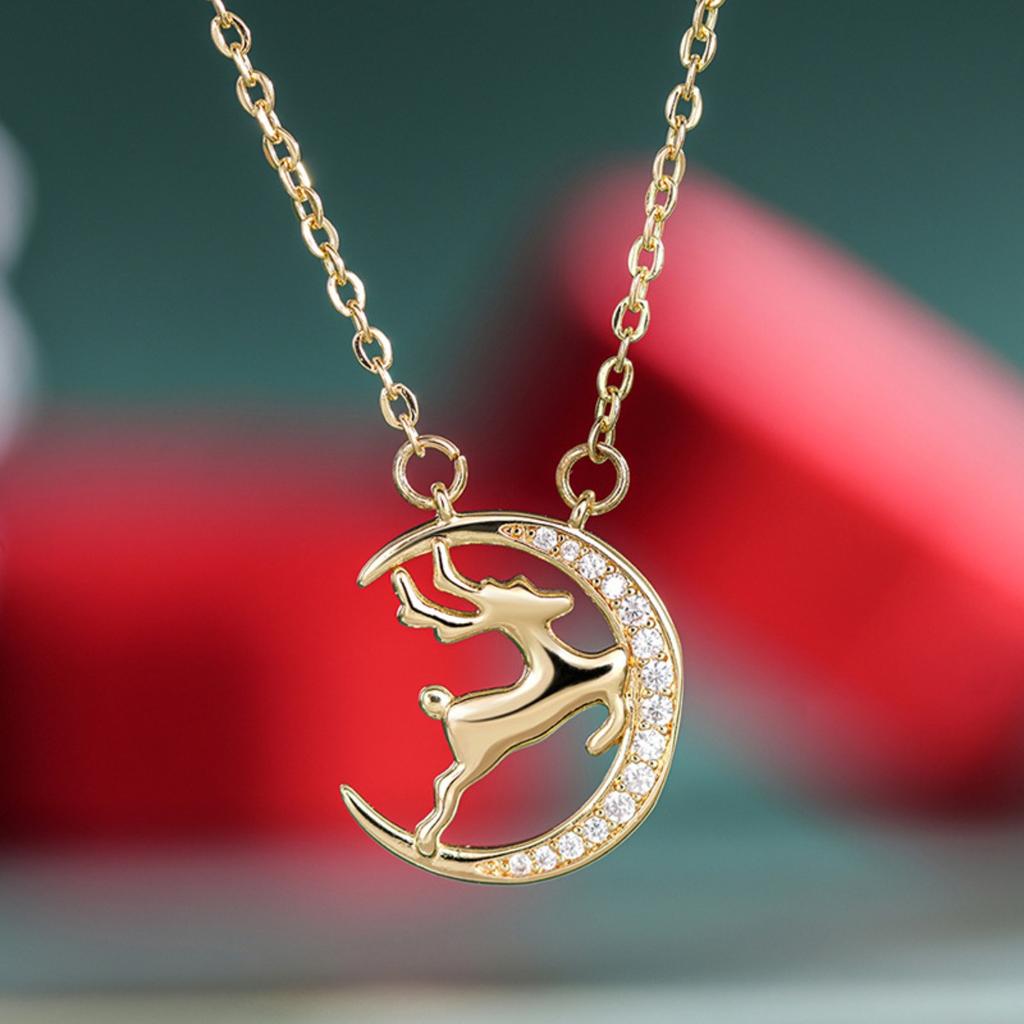 Crescent Moon with Jumping Reindeer Partial Paved Stone Pendant Women Cable Chain Clavicle Necklace