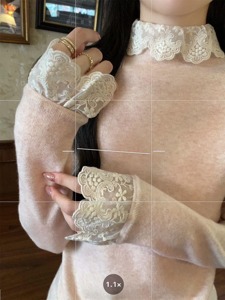Korean Lace Patchwork High Neck Sweater - Slimming & Flattering Long Sleeve Top for Women