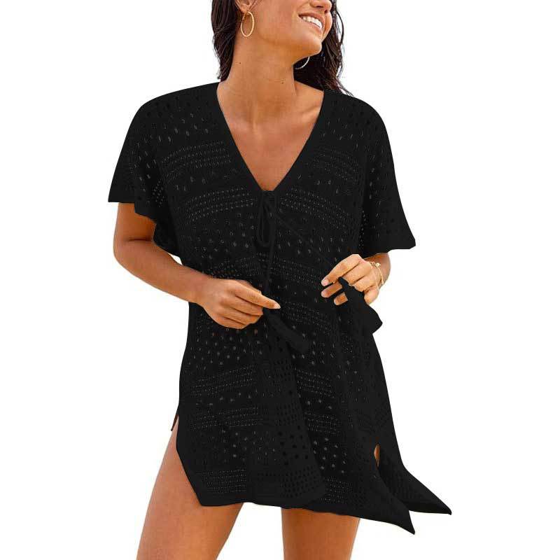 Women's V Neck Short Sleeve Crochet Knit Cover Up Dress Loose Fit Beach Tunic Dress