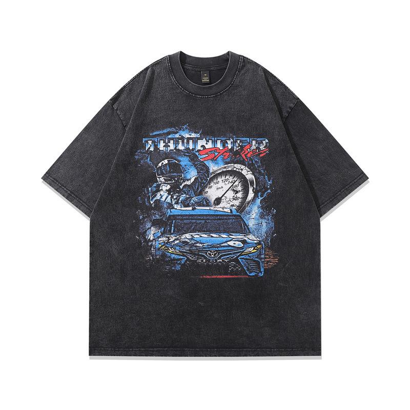 Men'S Half-Sleeved T-Shirt American Hip-Hop Retro Print Oversize Washed Short-Sleeved T-Shirt