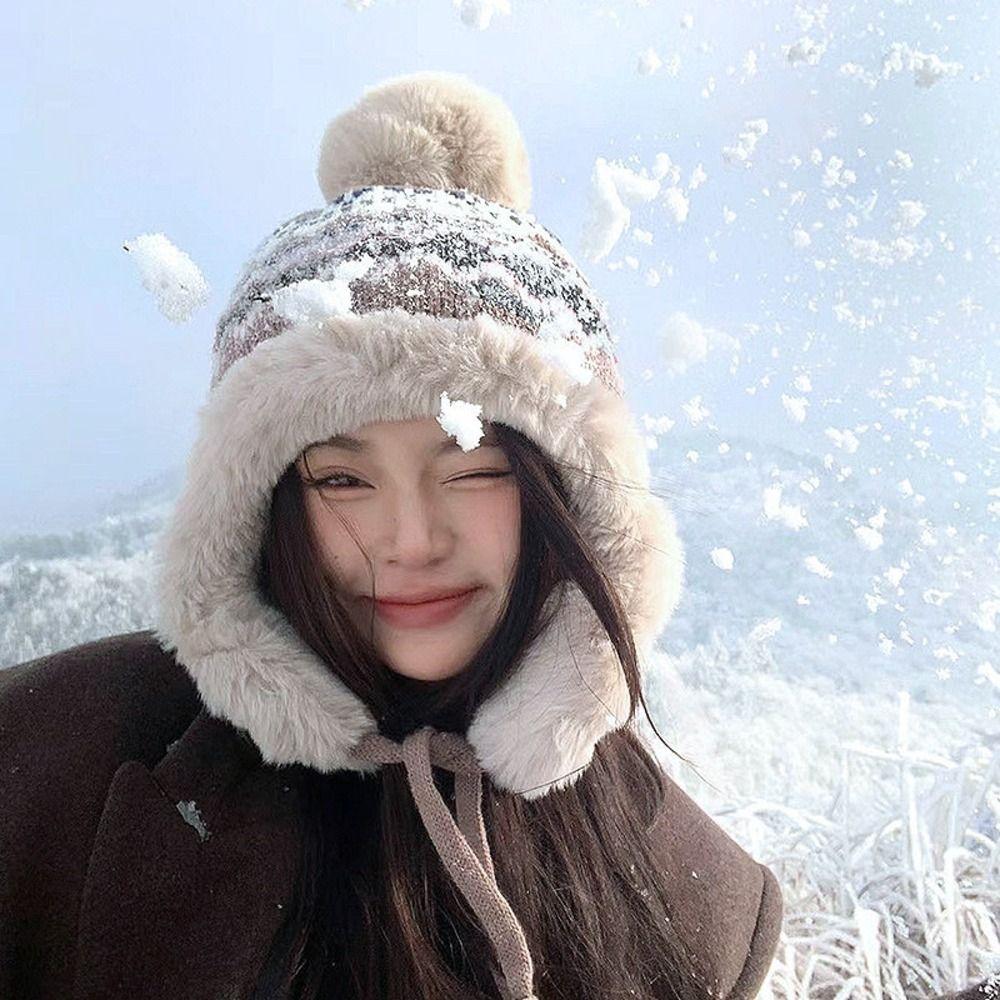 Windproof Fleece Lined Knit Trapper Hat with Pom Pom Winter Cold Weather Fisherman Hat  Unisex