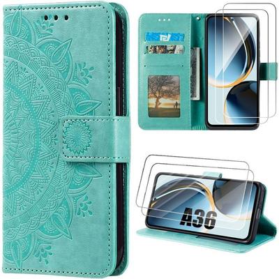 Case for Samsung Galaxy A36 5G - BOOLING - Shockproof Synthetic Leather Mandala Engraving Green - 2 Tempered Glass