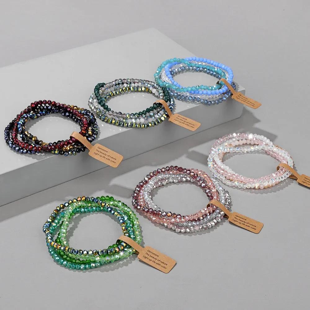 4 Pieces Set Faceted Glass Beads Stretch Bracelet For Women Men Crystal Beads Multi Color Elastic Rope Bracelet Handmade Jewelry