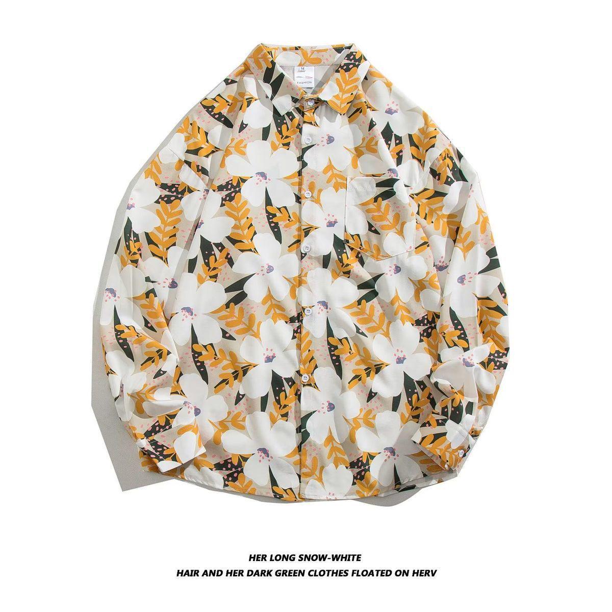 

Унисекс Гонконг Ретро Цветочная рубашка с длинным рукавом: Стильный, универсальный, солнцезащитный, свободный крой. M 42-53 kg