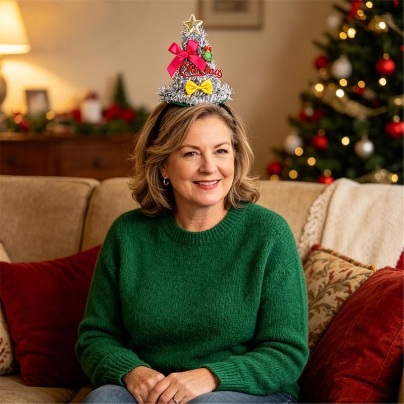 Christmas Photo Hair Accessory Tree Party Wear with Star Ribbon Letter Detail for Adults Kids Holiday Gatherings